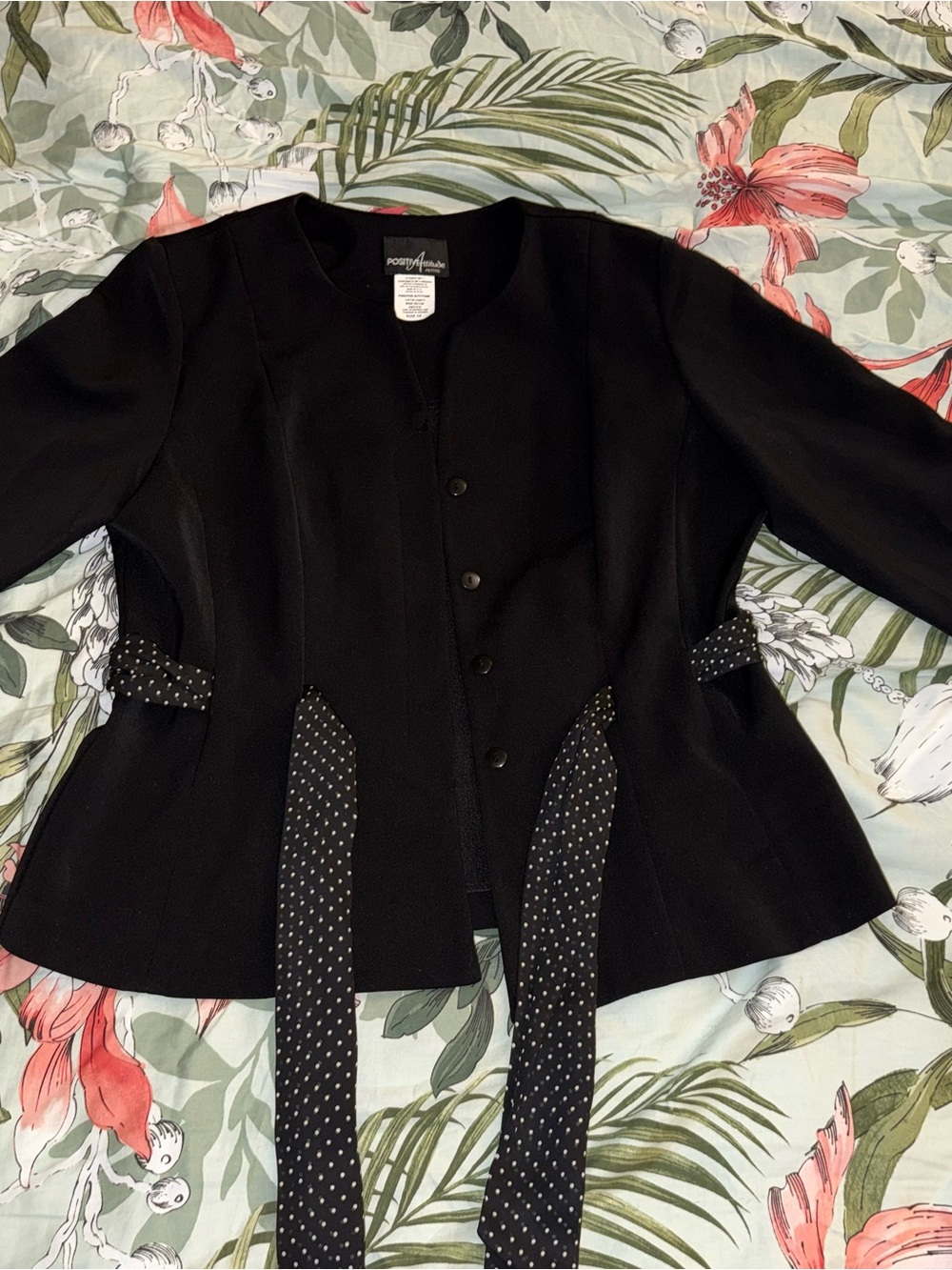Black Polka-Dot Tie Front Blazer with shoulder pads